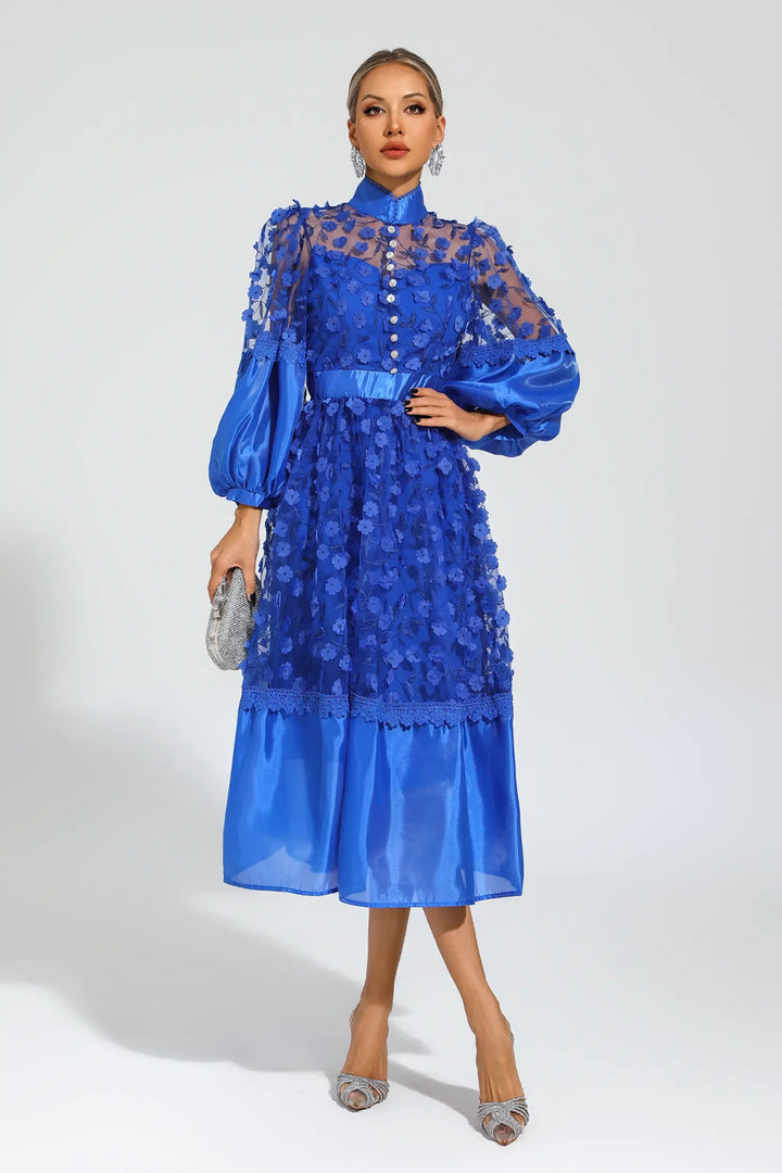 Lillie Mavi Örgü Çiçek Midi Elbise