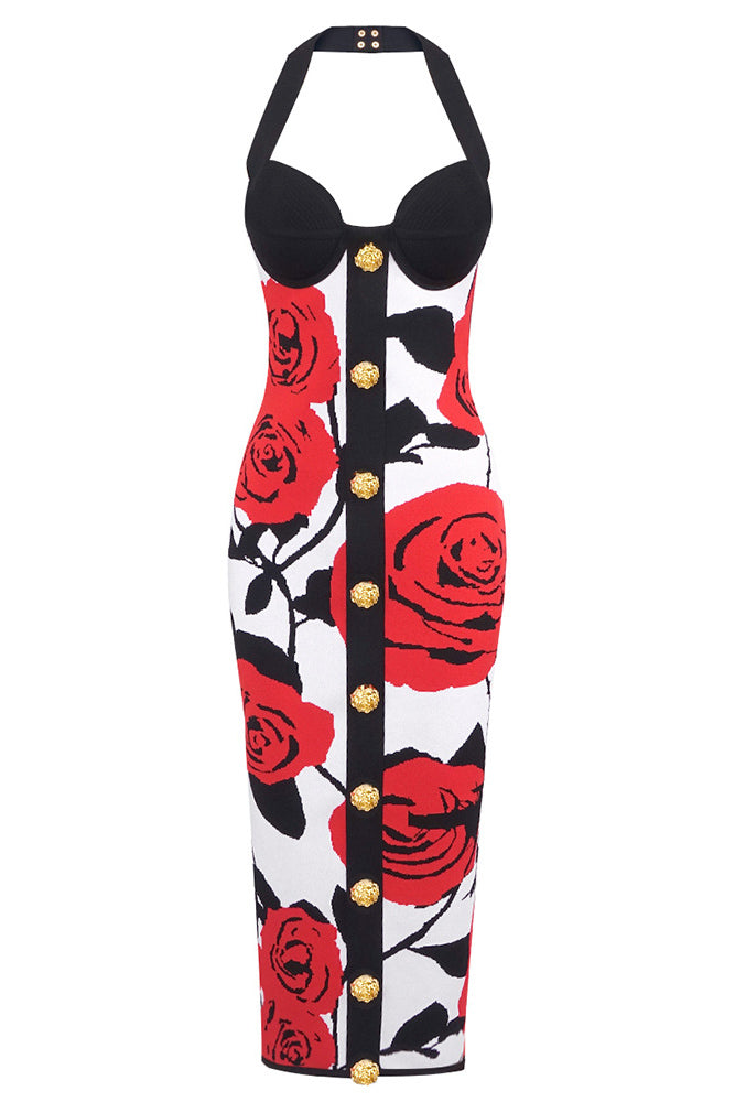 Boyundan Bağlamalı Büstiyer Çiçekli Midi Elbise