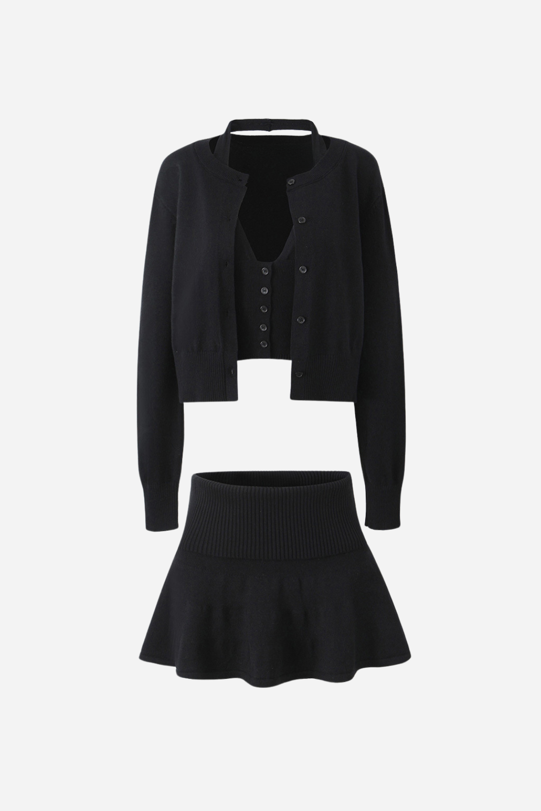 Boyundan Bağlamalı Yelek Üçlü Örgü Takım