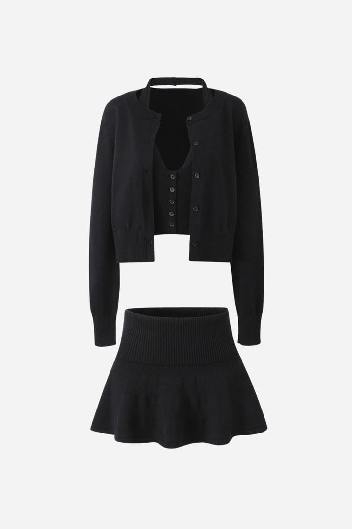 Boyundan Bağlamalı Yelek Üçlü Örgü Takım