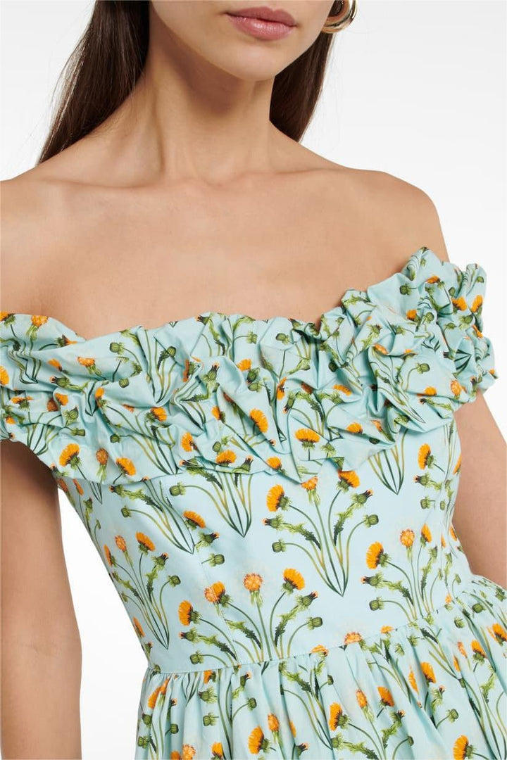 Donna Baskılı Fırfırlı Korse Düşük Omuzlu Maxi Elbise