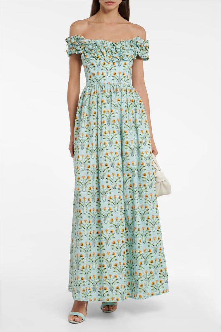 Donna Baskılı Fırfırlı Korse Düşük Omuzlu Maxi Elbise