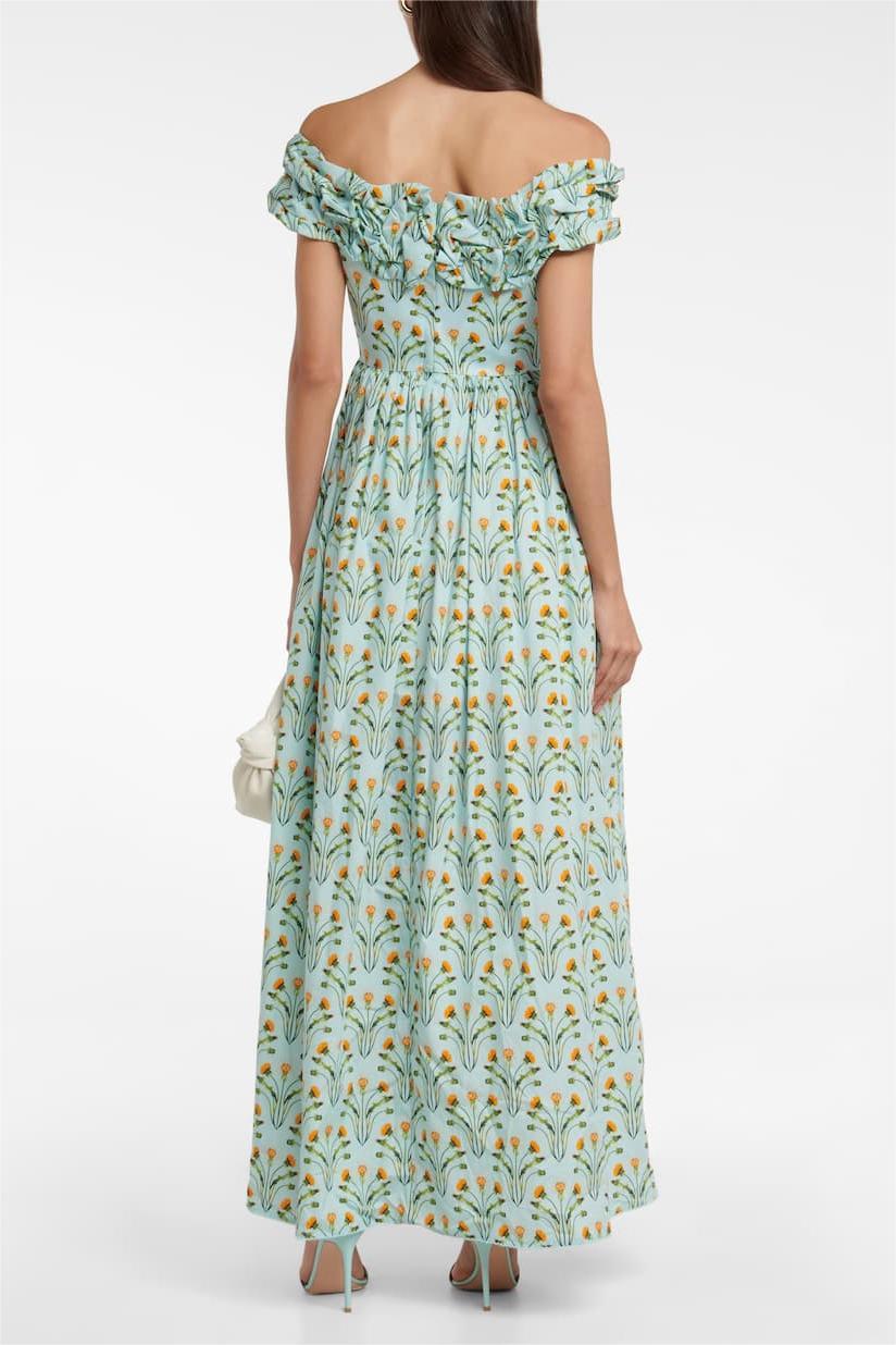 Donna Baskılı Fırfırlı Korse Düşük Omuzlu Maxi Elbise