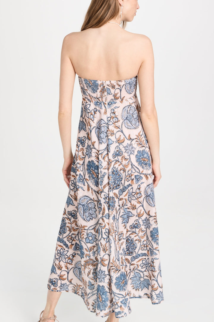 Sal Baskılı Büzgülü Korsajlı Midi Elbise