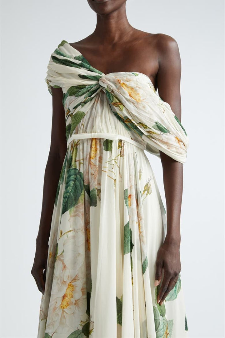 Yvette Çiçek Baskılı Düşük Omuzlu Uzun Elbise