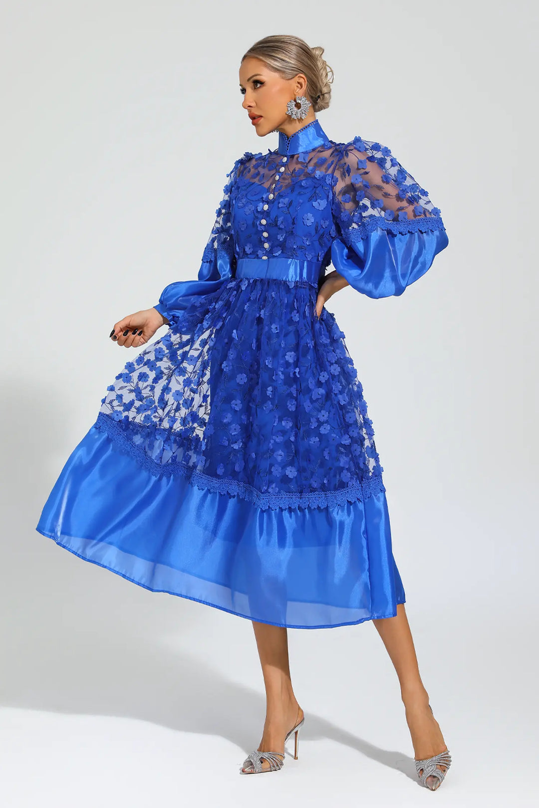 Lillie Mavi Örgü Çiçek Midi Elbise