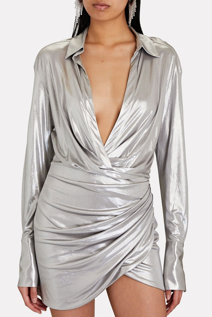 Frederica Metalik Dantelli V Yaka Mini Elbise