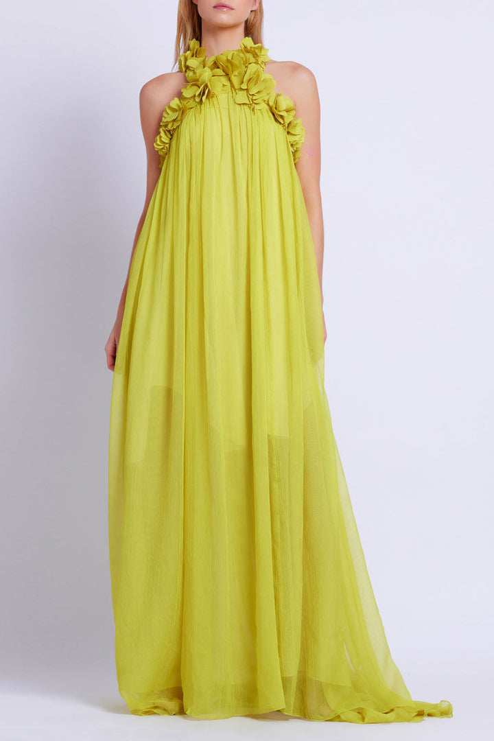 Zeytin Çiçek Aplikeli Boyundan Bağlamalı Maxi Elbise