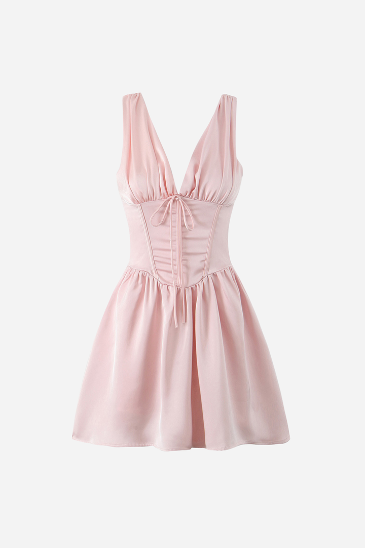 Marian V Yaka Bağcıklı Fırfırlı Mini Elbise