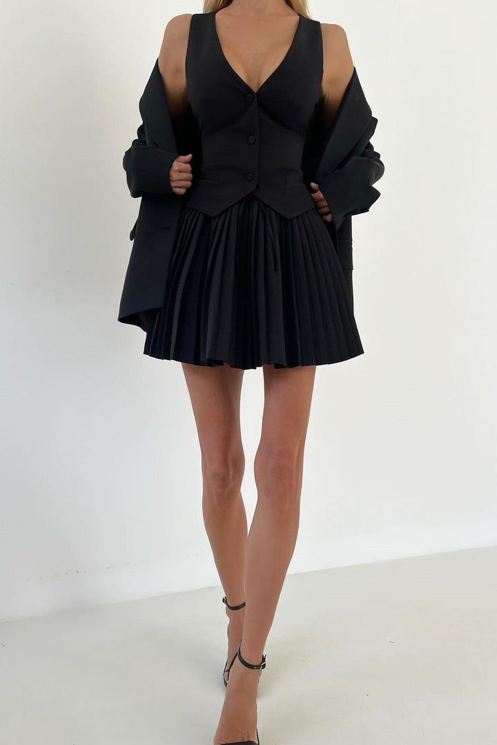 Belinda V Yaka Pileli Mini Etek Takım