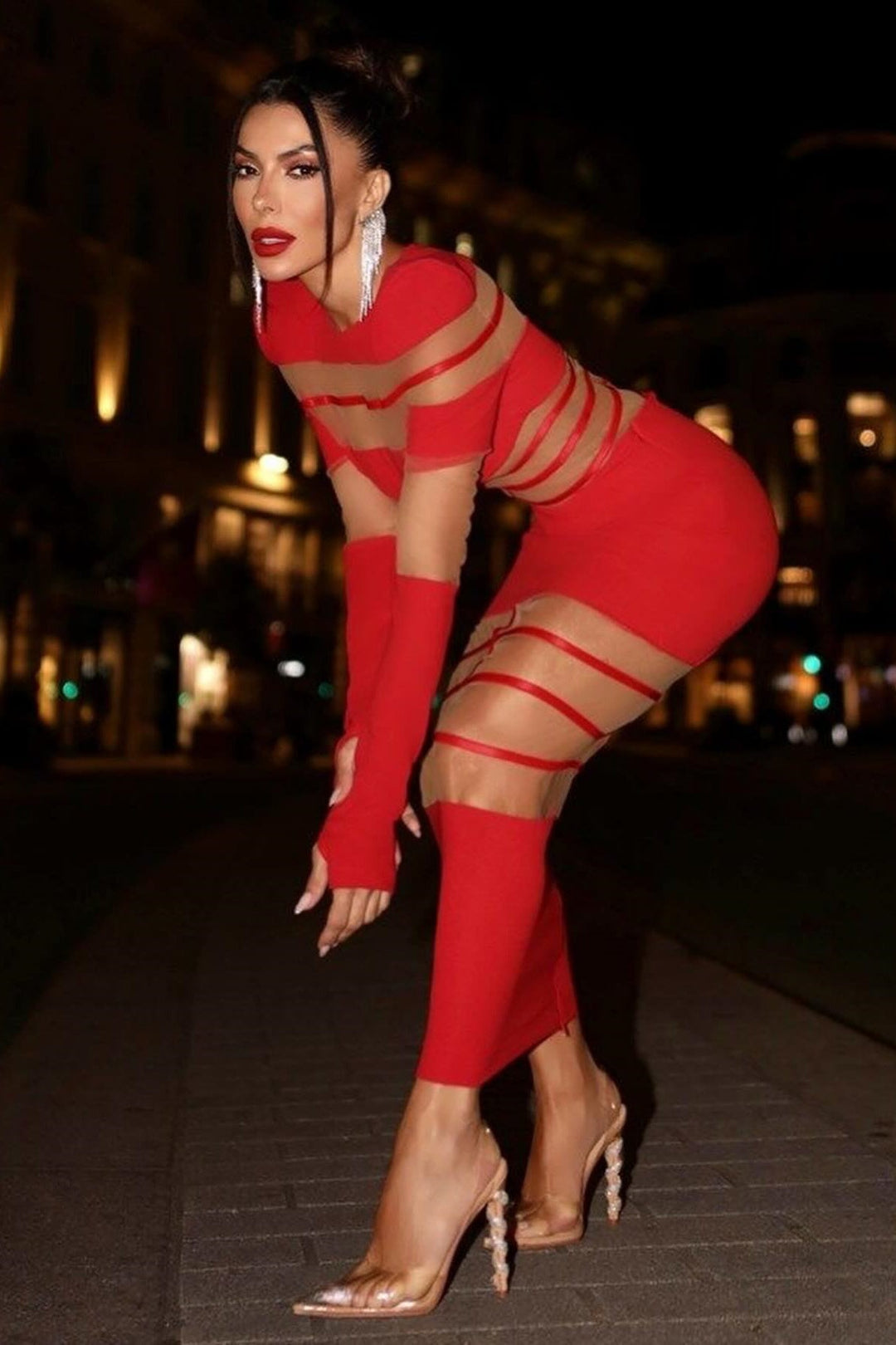 Kelly Uzun Kollu Transparan Ekose Midi Elbise