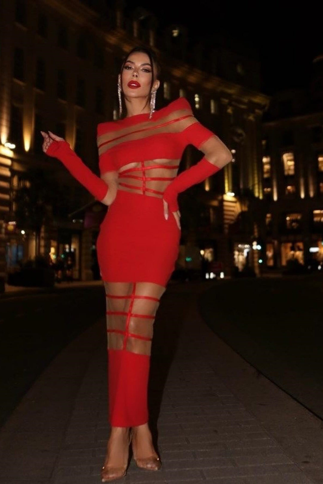 Kelly Uzun Kollu Transparan Ekose Midi Elbise