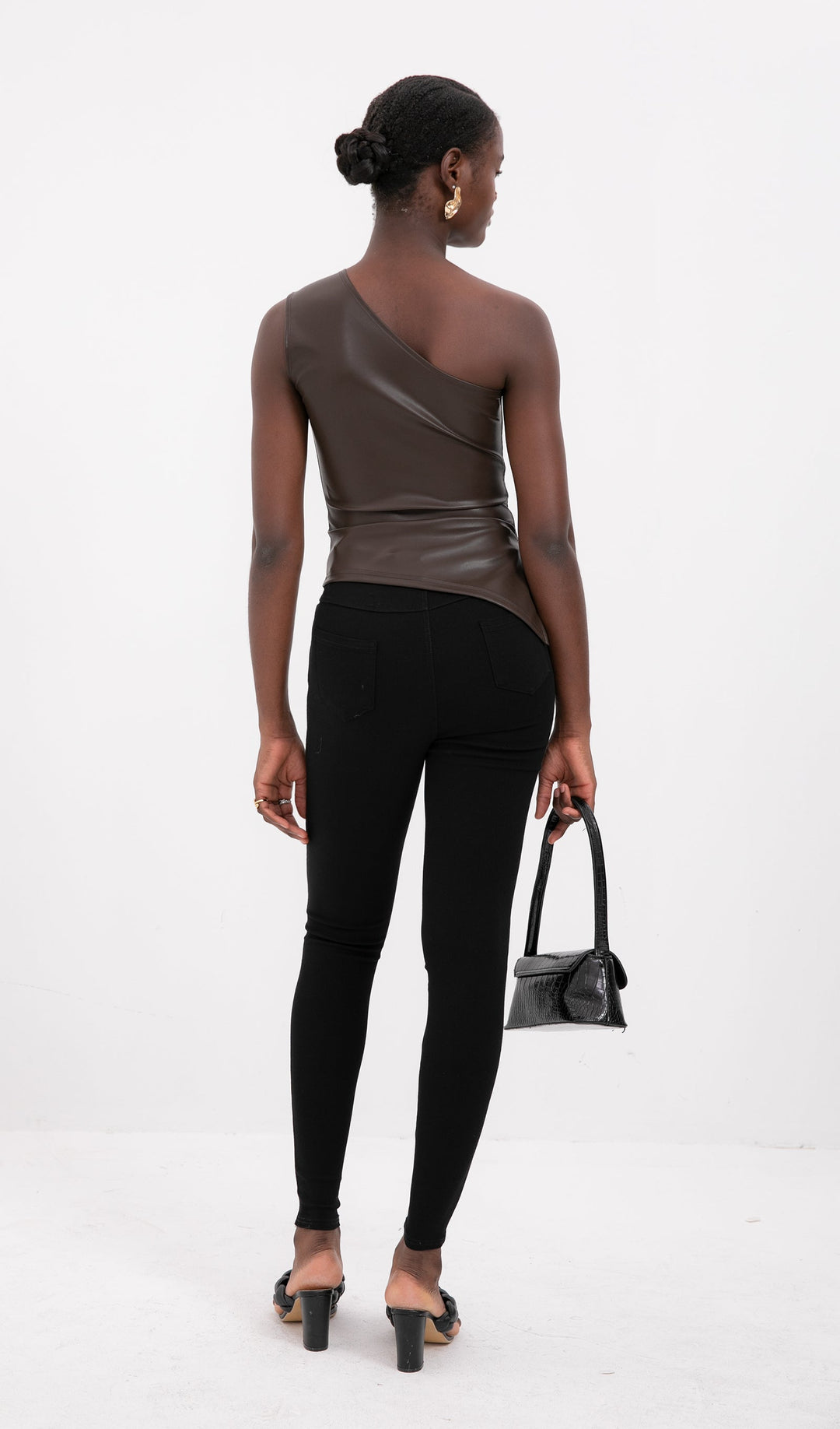 Sliess Düz Deri Asimetrik Üst-Bronz Kahve