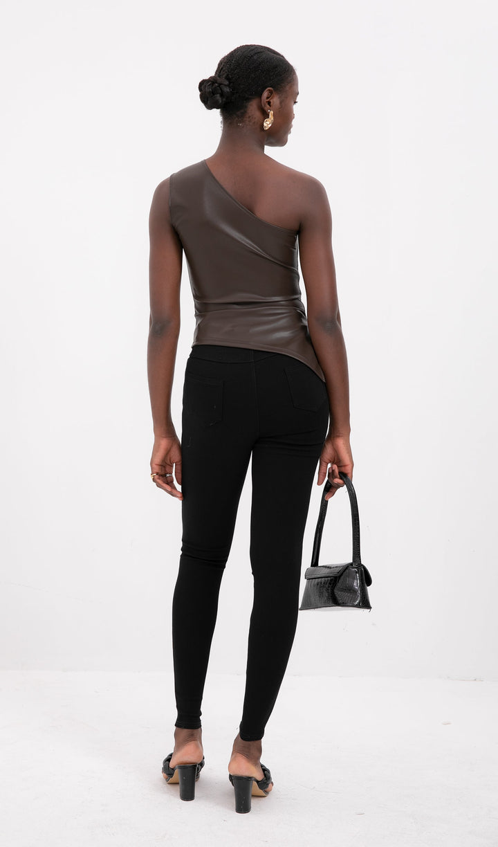 Sliess Düz Deri Asimetrik Üst-Bronz Kahve