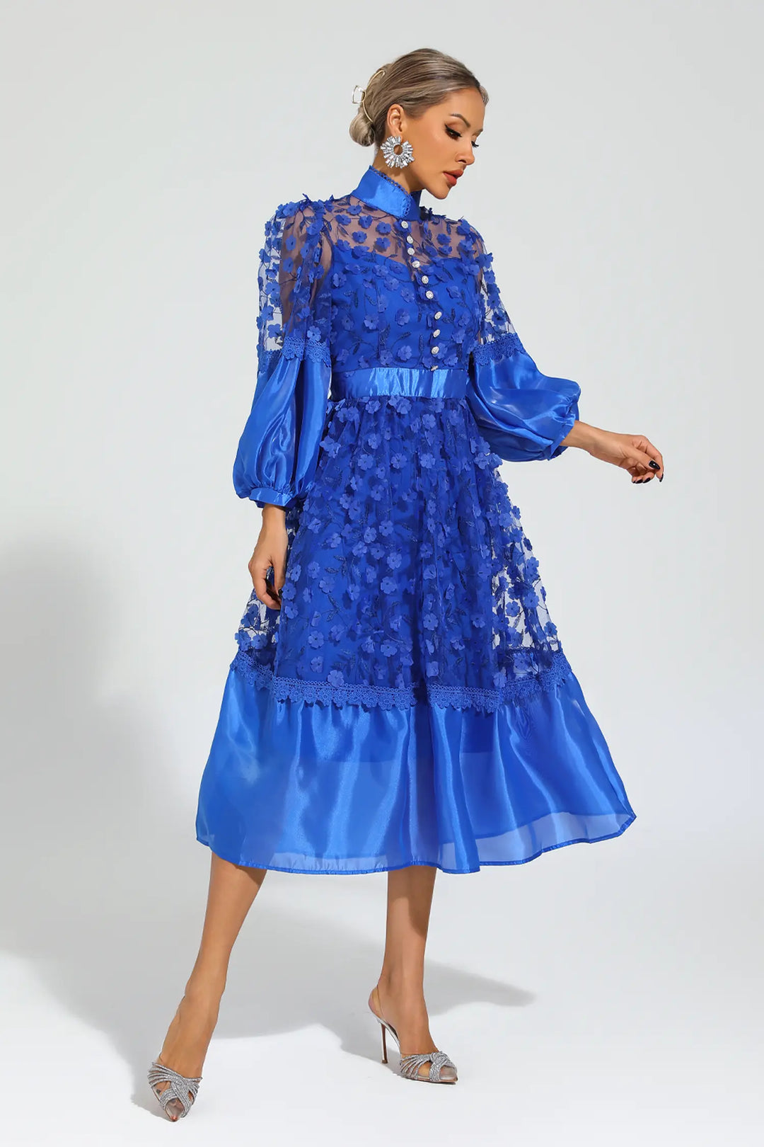 Lillie Mavi Örgü Çiçek Midi Elbise