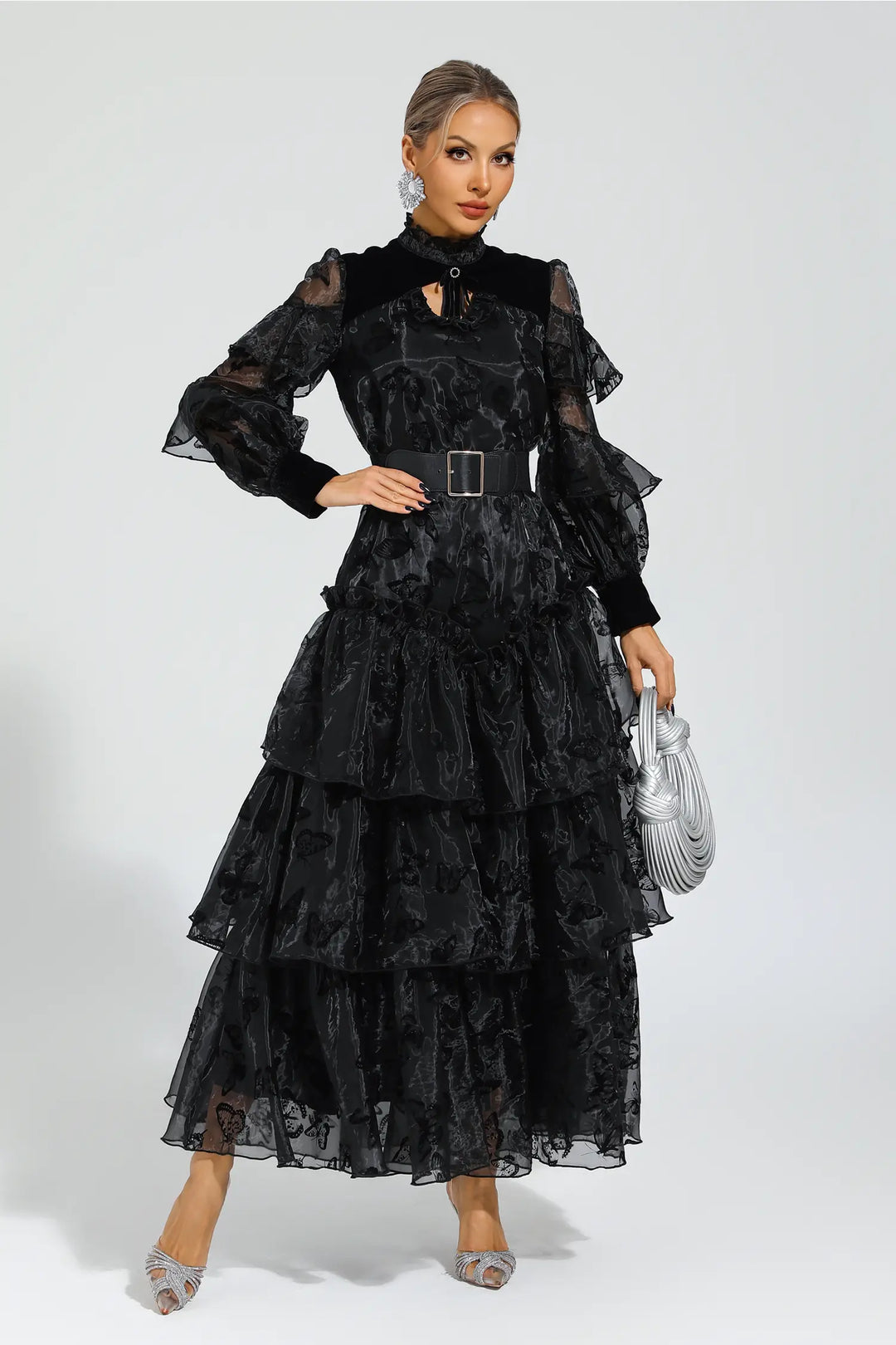 Kadife Mavisi Siyah Kuşaklı File Uzun Elbise