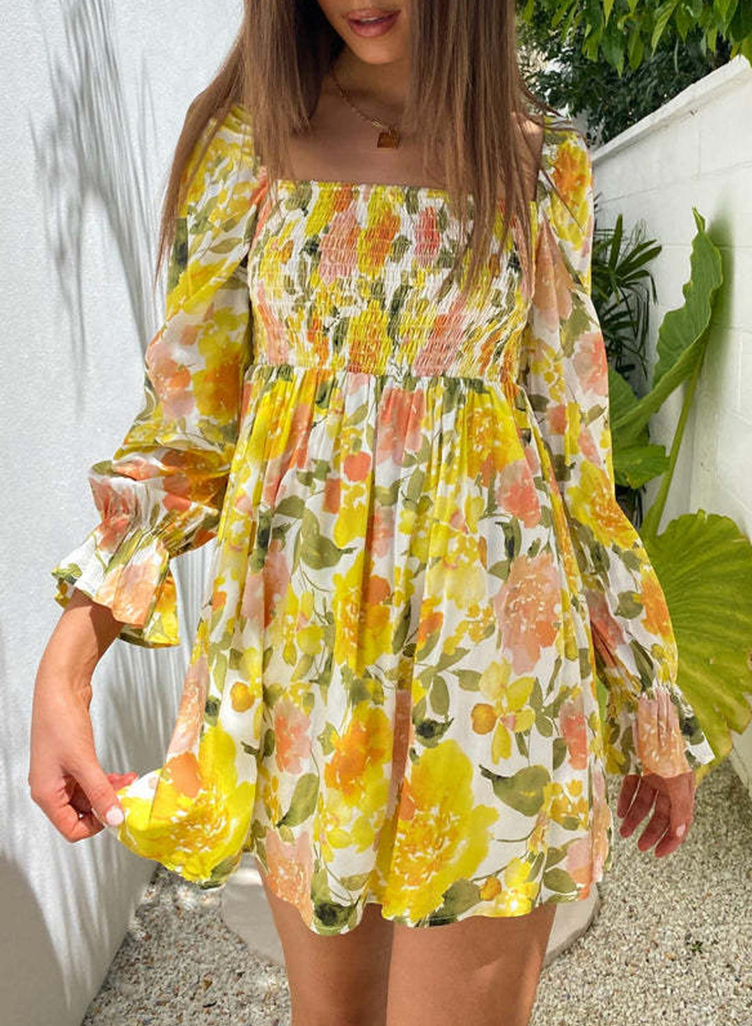 Sarı Çiçekli Uzun Kollu Mini Elbise