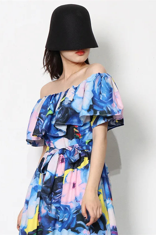 Vivien Çiçek Baskılı Düşük Omuzlu Uzun Elbise