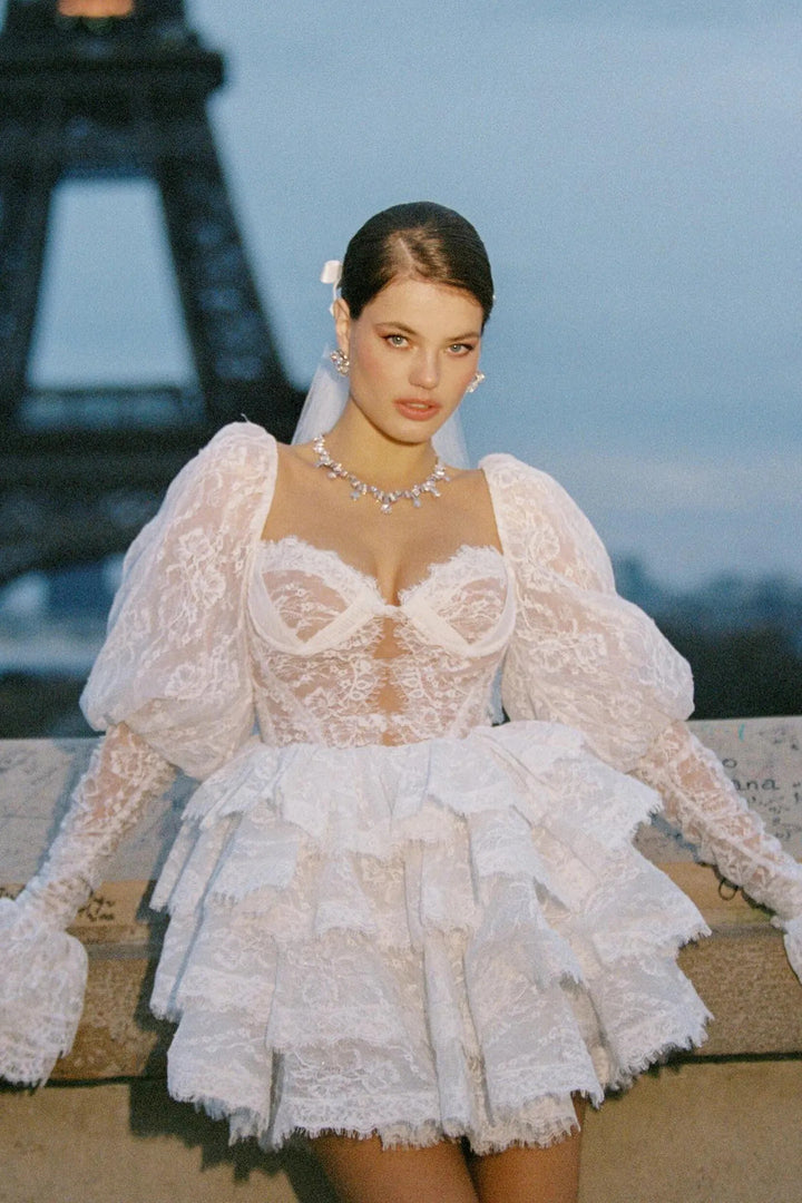 Bonnie İşlemeli Dantel Puf Kol Mini Elbise