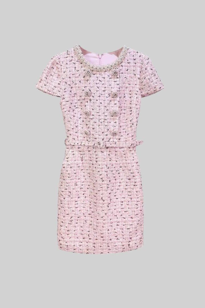 Kısa Kollu ve Eşleşen Kemerli Zarif Dokulu Mini Elbise