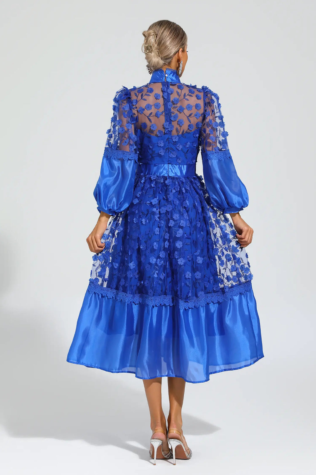 Lillie Mavi Örgü Çiçek Midi Elbise