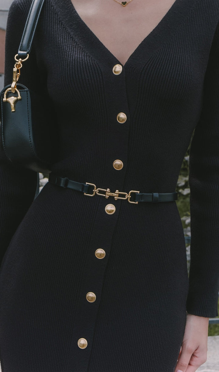 Örme V Yaka  Midi Elbise -Siyah