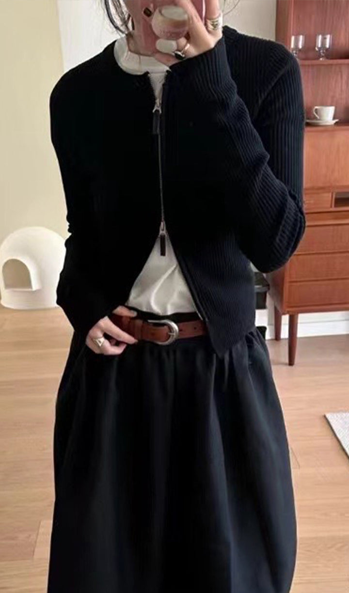 Fermuarlı Nervürlü Örgü Hırka Üst