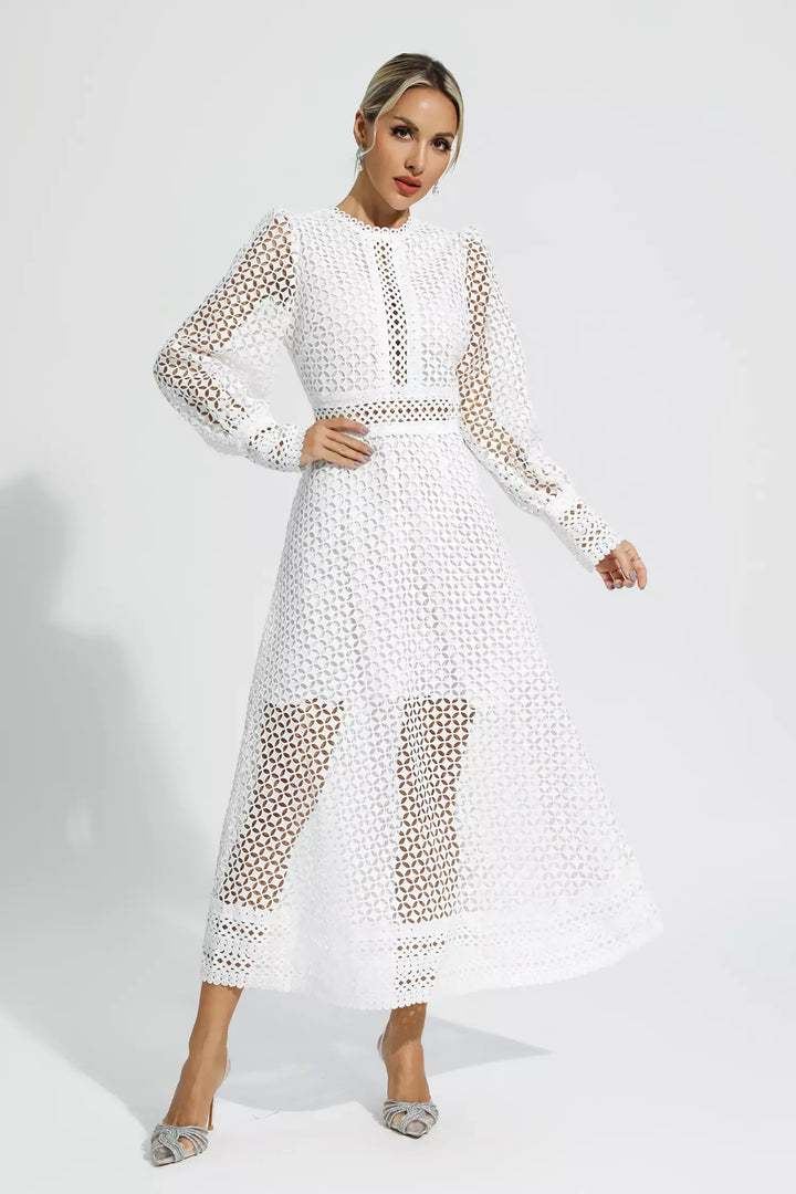 Monroe Beyaz İçi Boş Uzun Kollu Maxi Elbise