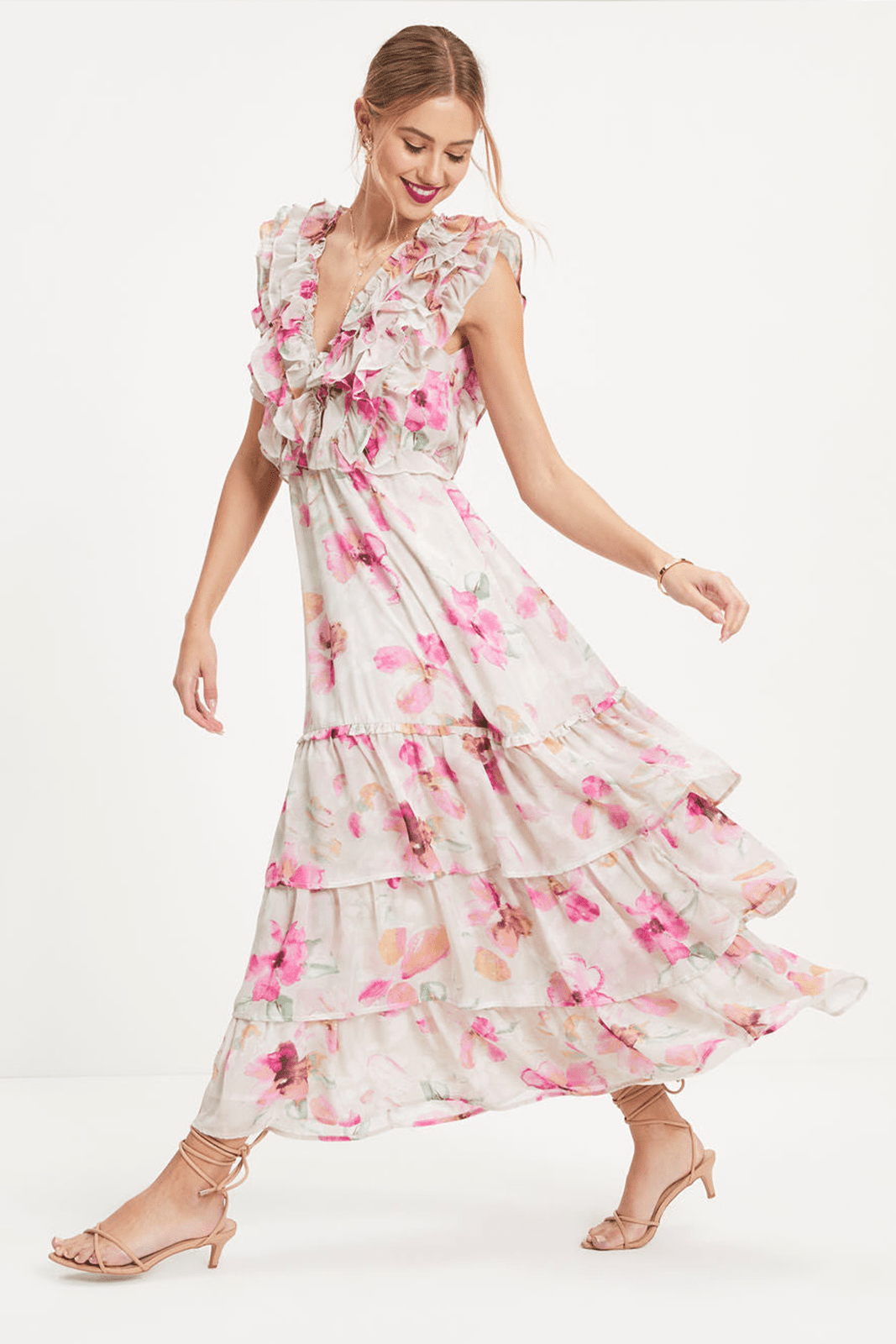 Doreen Baskılı Fırfırlı V Yaka Katlı Maxi Elbise