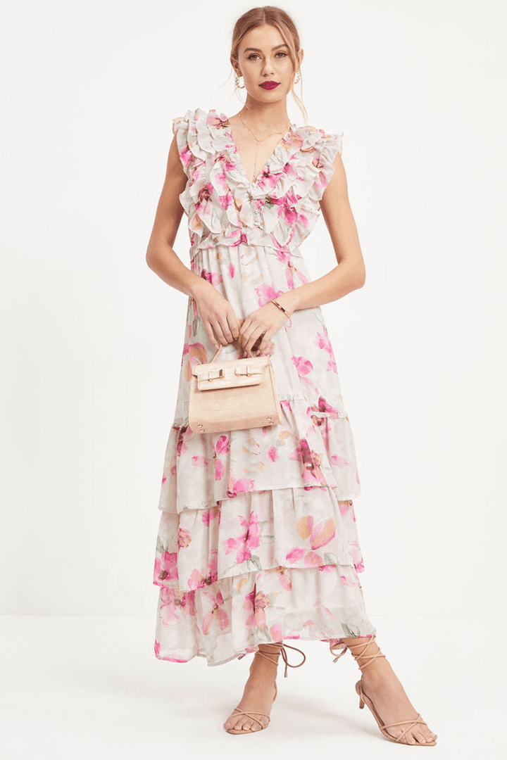 Doreen Baskılı Fırfırlı V Yaka Katlı Maxi Elbise