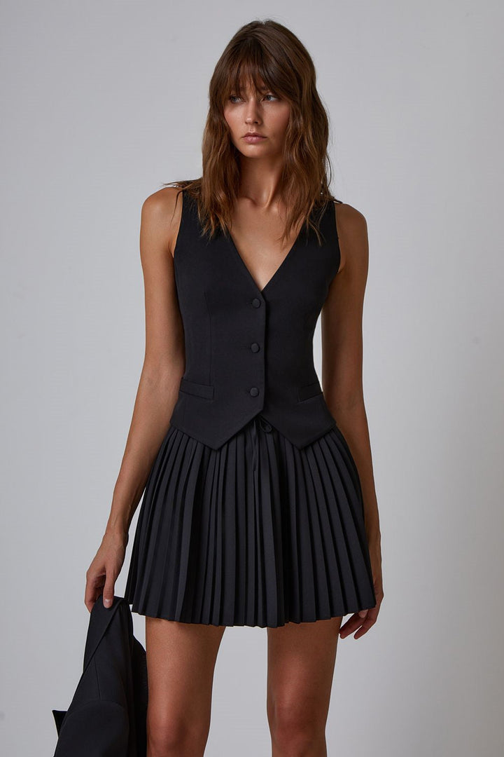 Belinda V Yaka Pileli Mini Etek Takım