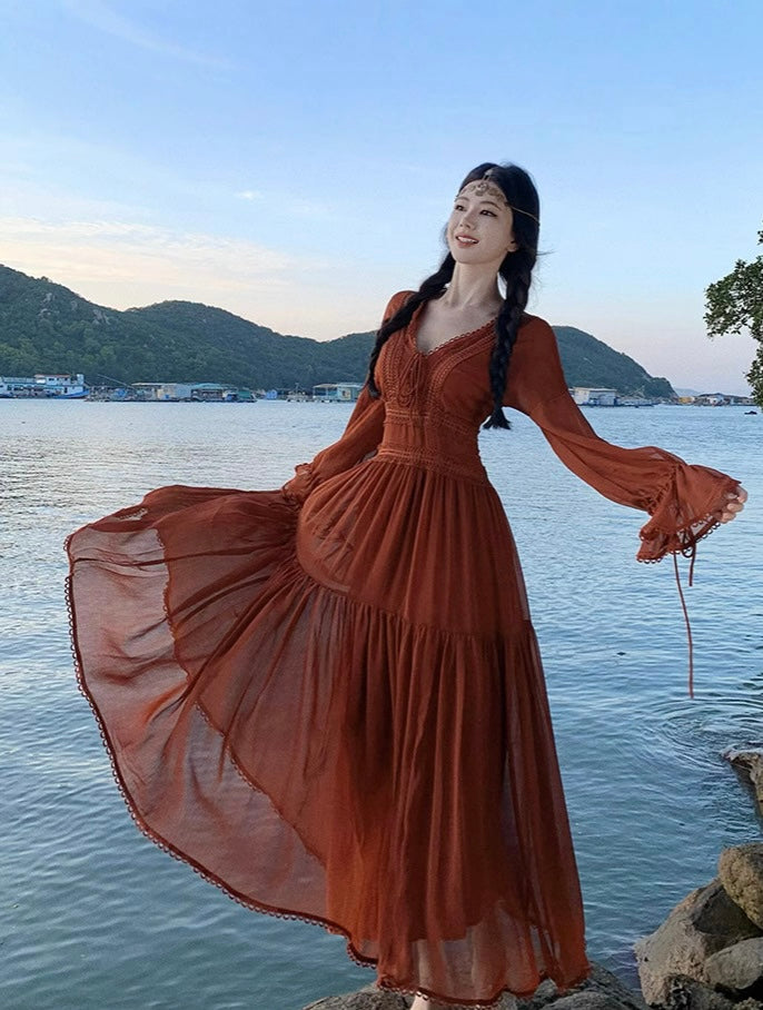 Boho Yari Şeffaf Şifon Elbise