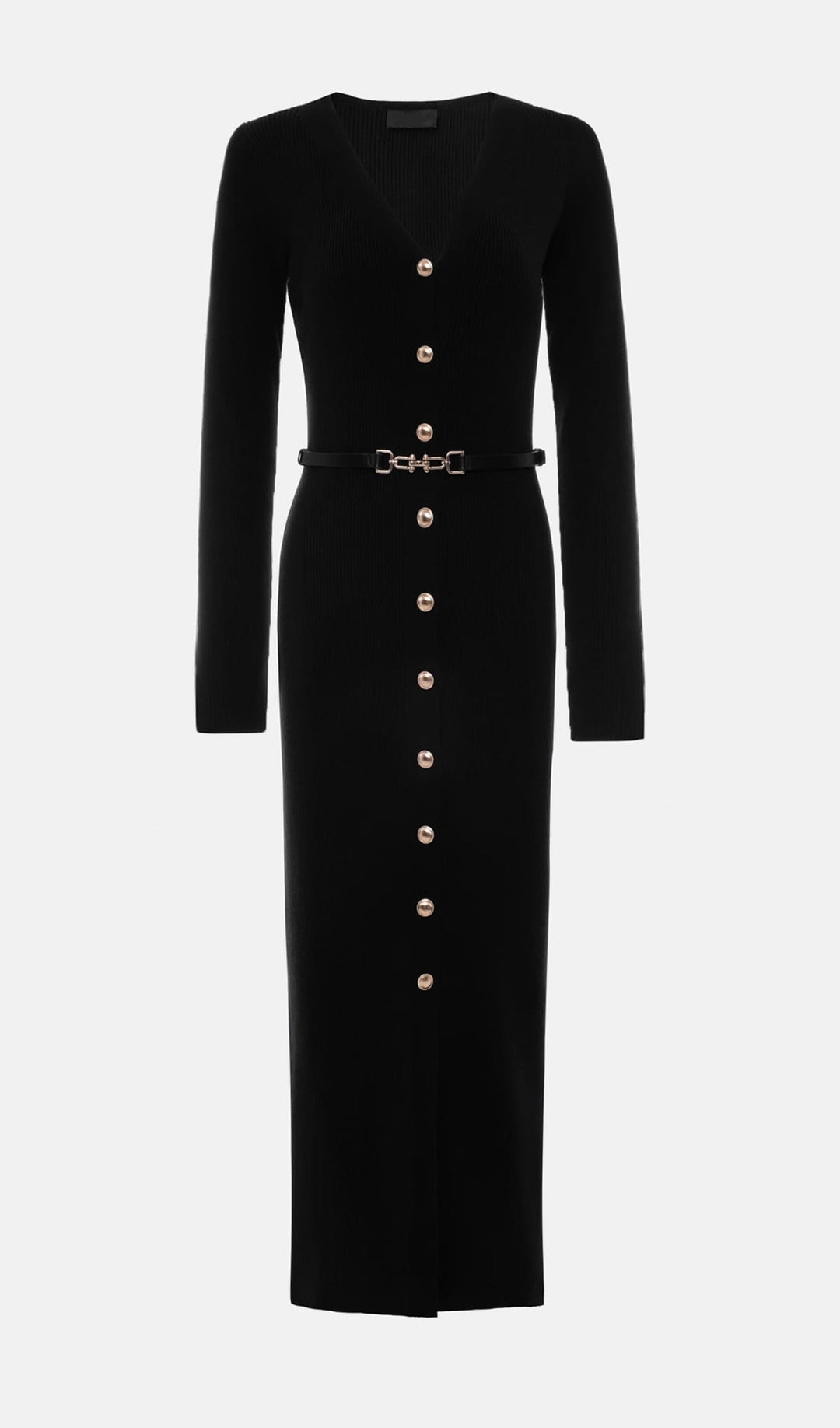 Örme V Yaka  Midi Elbise -Siyah