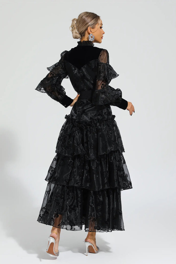 Kadife Mavisi Siyah Kuşaklı File Uzun Elbise