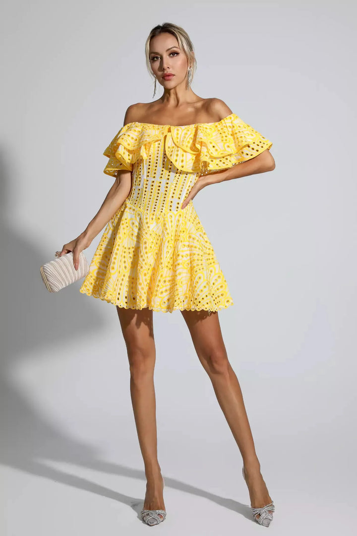 Amora Sarı Dekolteli Fırfırlı Mini Elbise