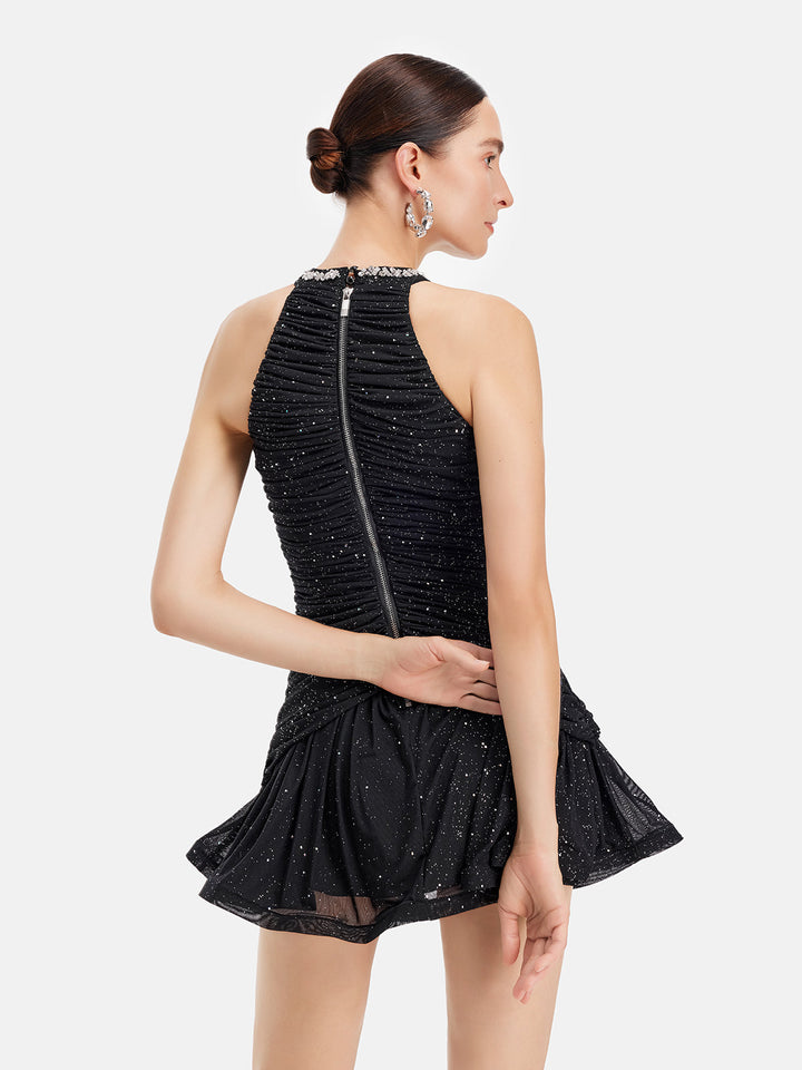 Taşlı Boyundan Bağlamalı Pileli Mini Elbise