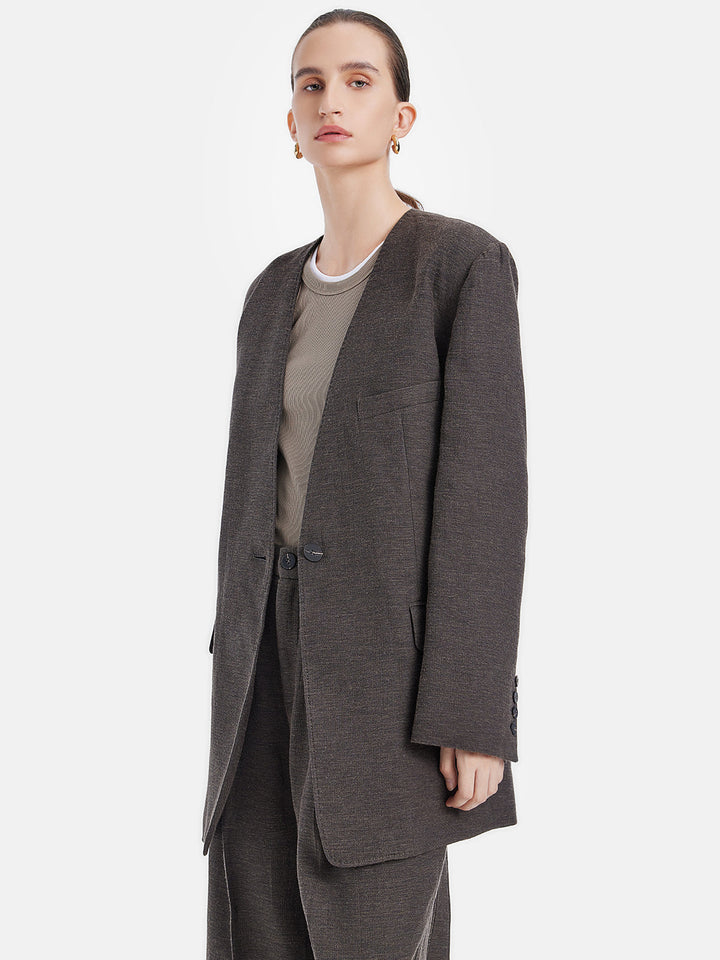 Dokulu Kuşaklı Yakasız Blazer