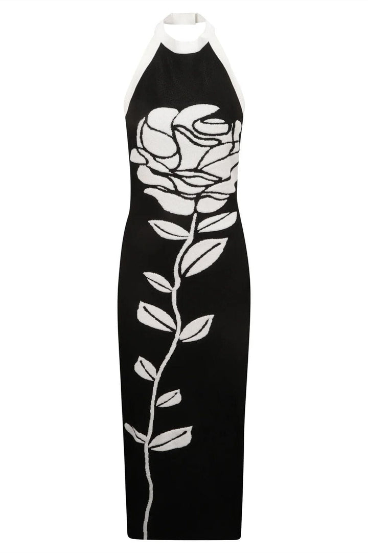 Darlene Boyundan Bağlamalı Çiçekli Sırtı Açık Midi Triko Elbise