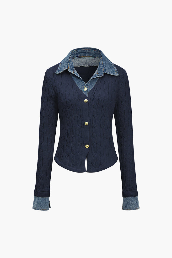 Örgü Denim Gömlek Yaka Uzun Kollu Üst