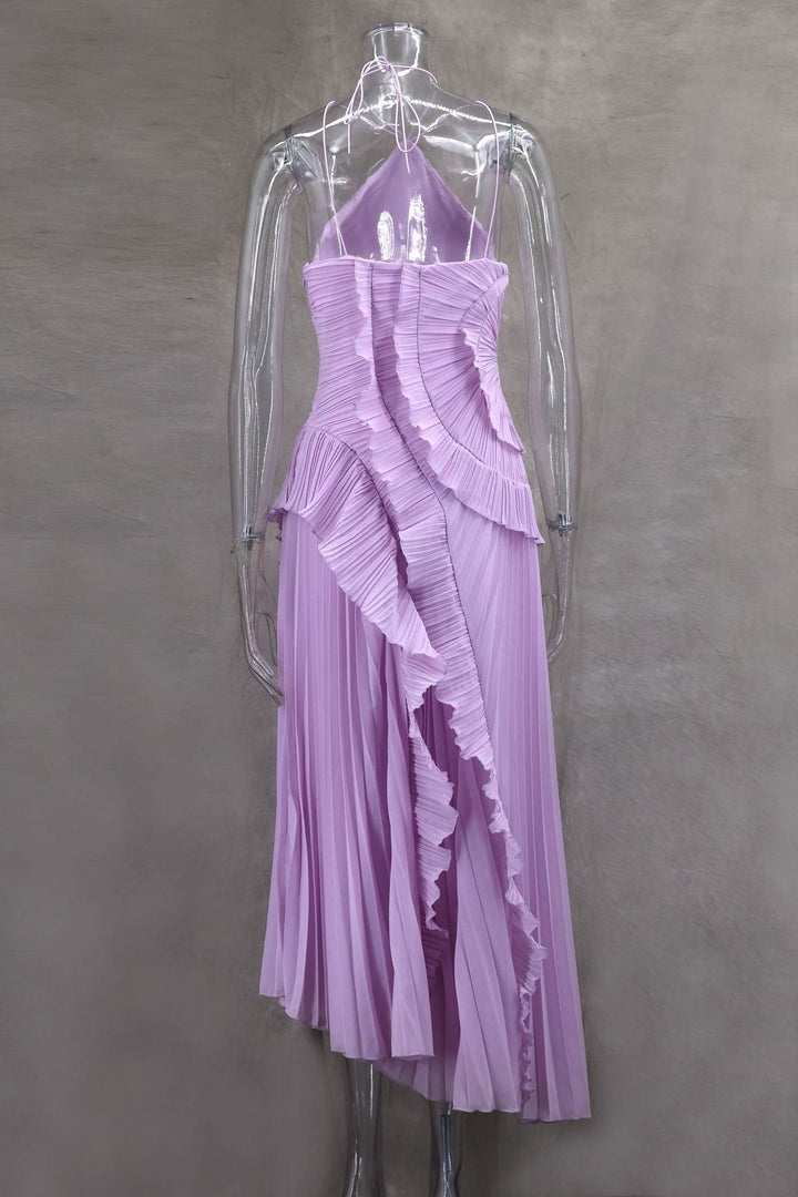 Anabella Pileli Fırfırlı Lila Midi Elbise