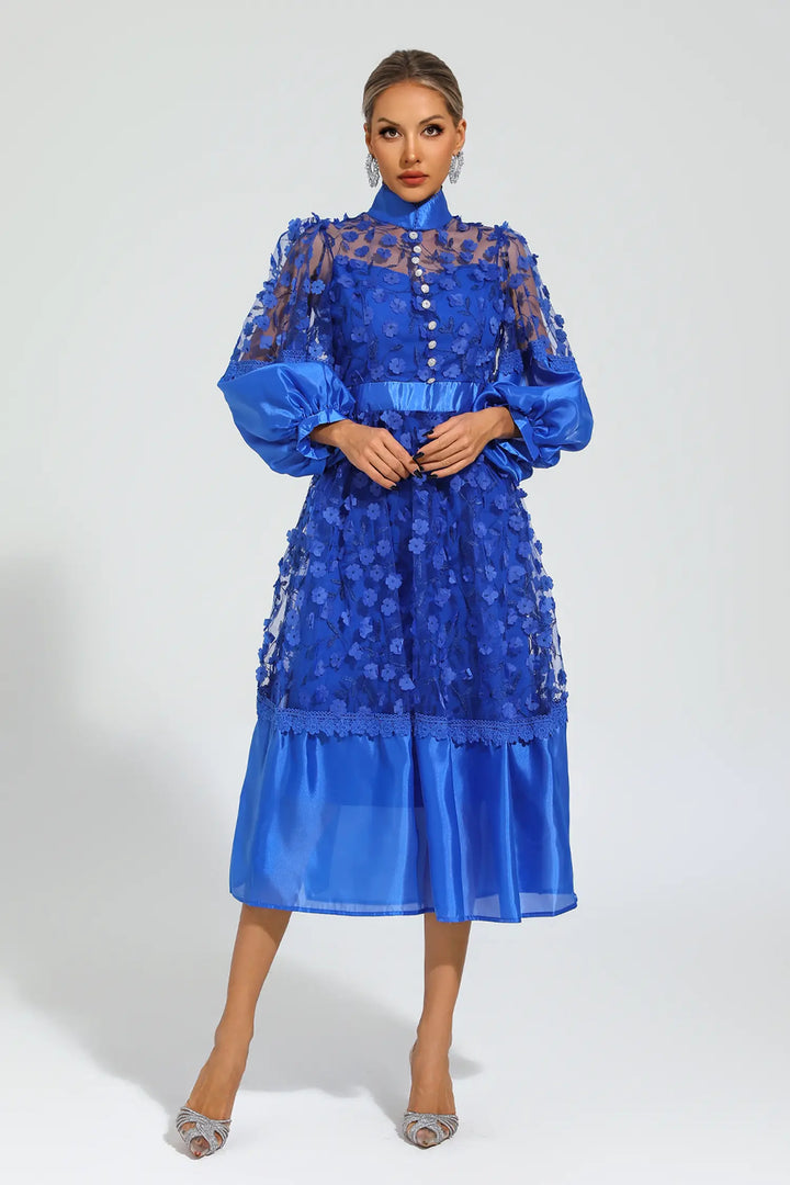 Lillie Mavi Örgü Çiçek Midi Elbise