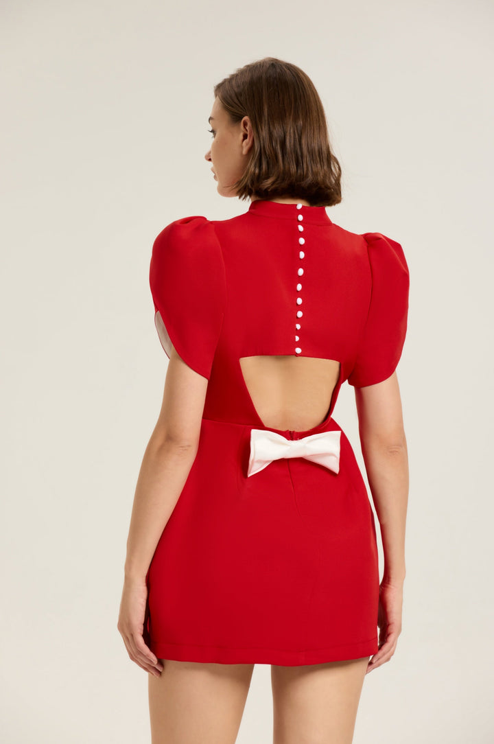 Adela Dekolteli Fiyonklu Mini Elbise