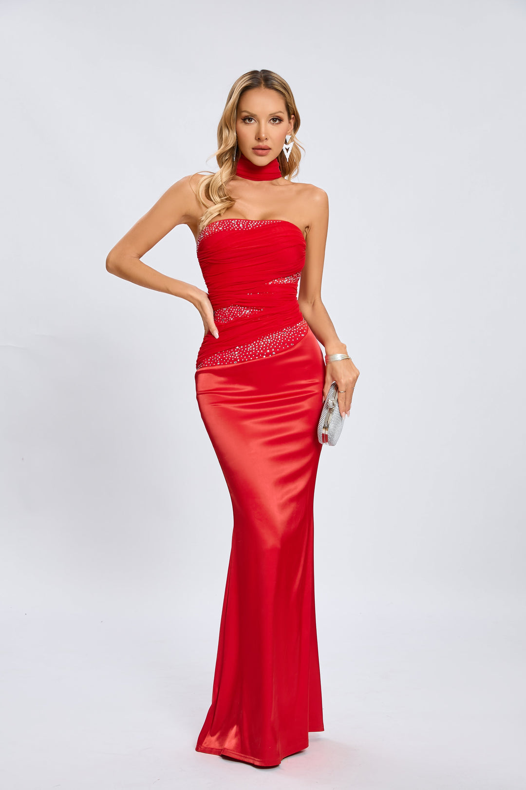 Jade Scarlet Radiance Straplez Maxi Elbise
