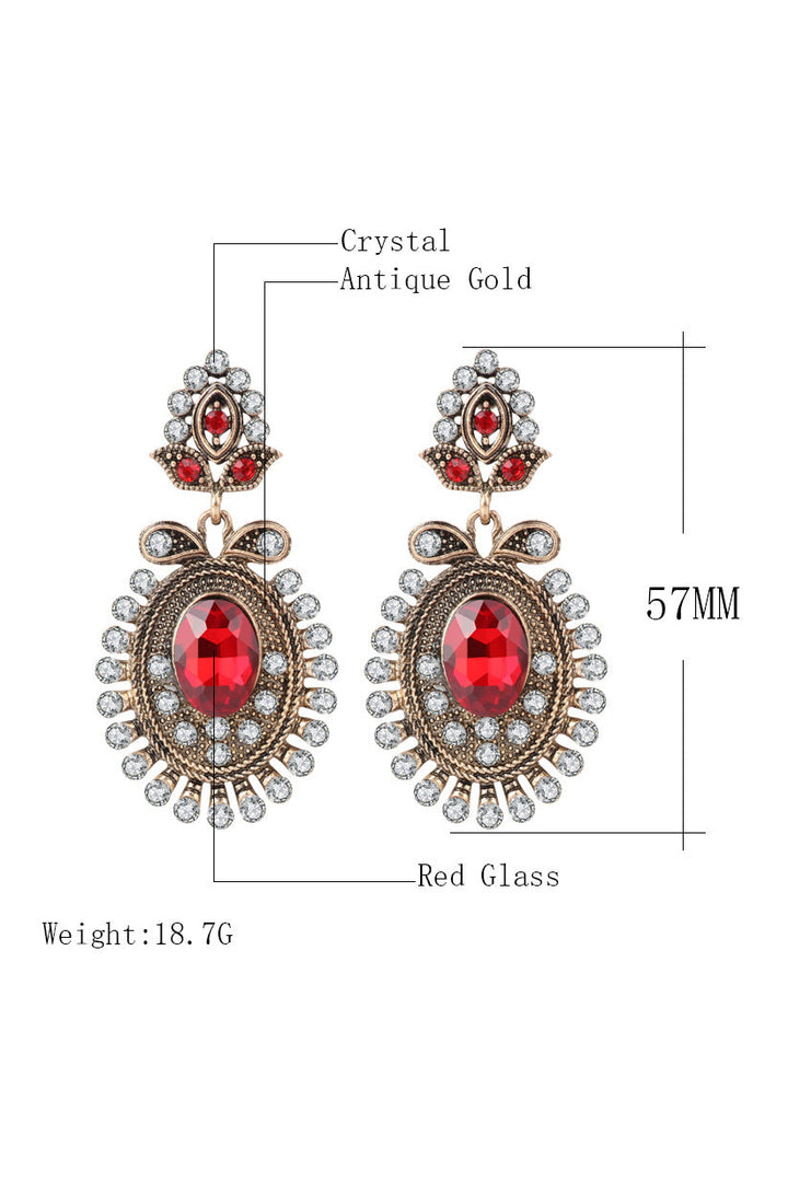 Vintage Kırmızı Kristal Taşlı Damla Küpe