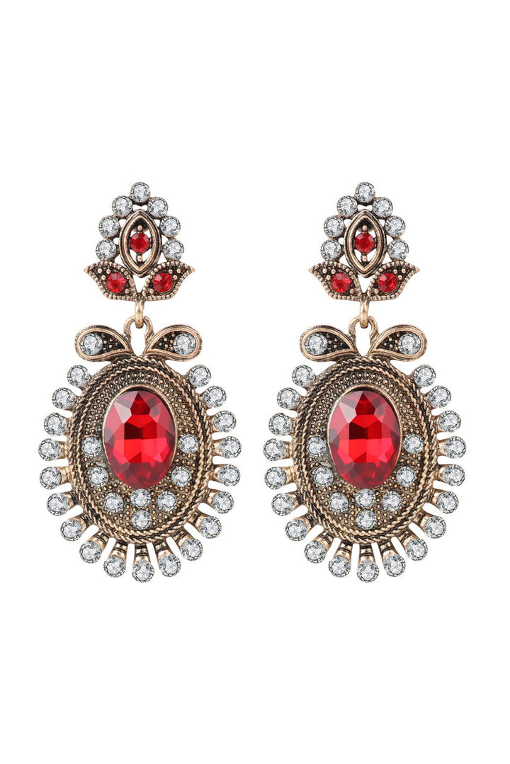 Vintage Kırmızı Kristal Taşlı Damla Küpe