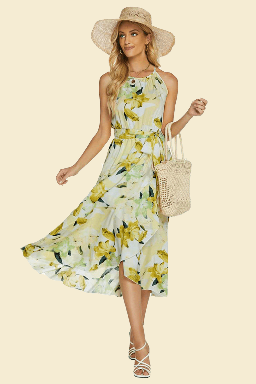 Pam Baskılı Boyundan Bağlamalı Midi Yırtmaçlı Kloş Elbise