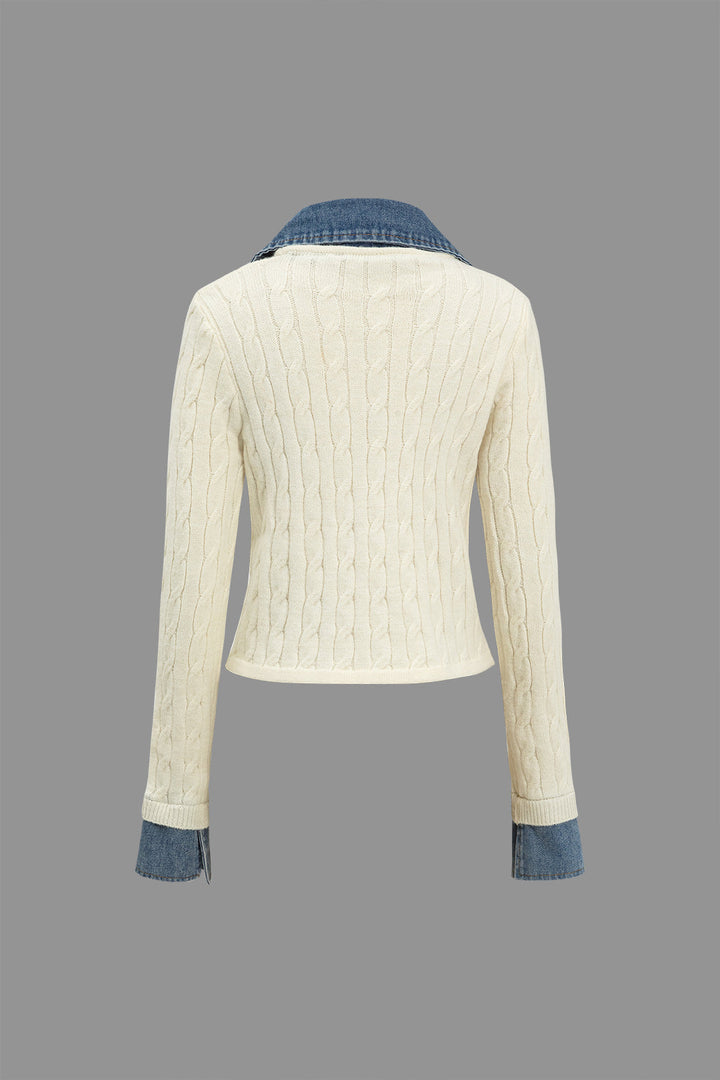 Örgü Denim Gömlek Yaka Uzun Kollu Üst