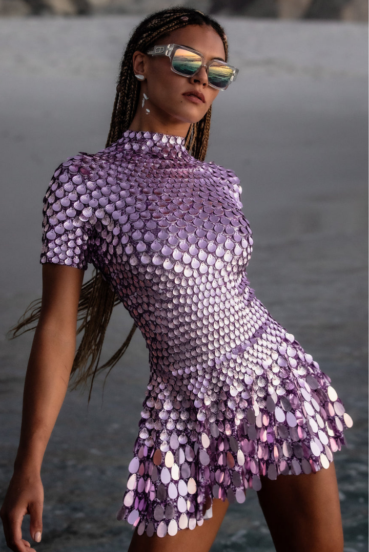 Kaia Yüksek Yaka Payet Mini Elbise