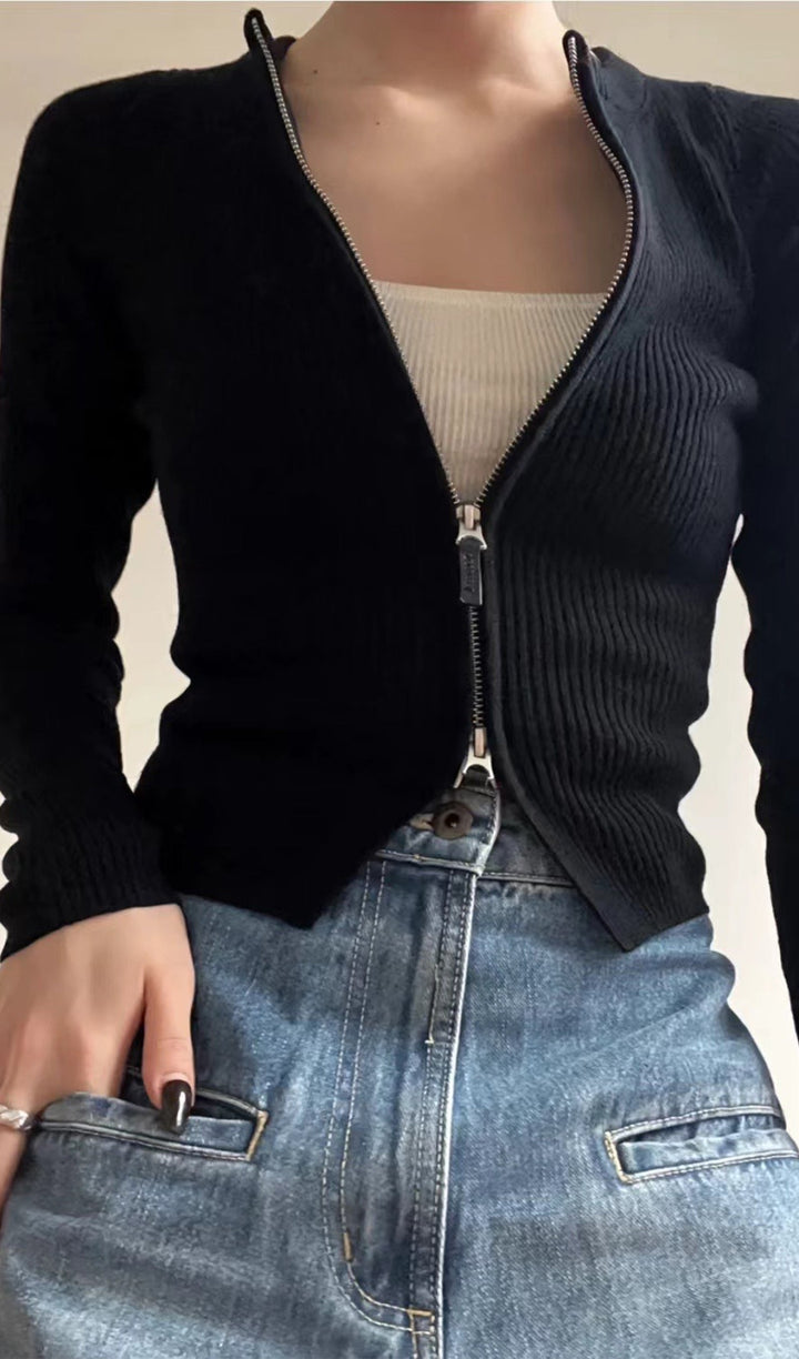 Fermuarlı Nervürlü Örgü Hırka Üst