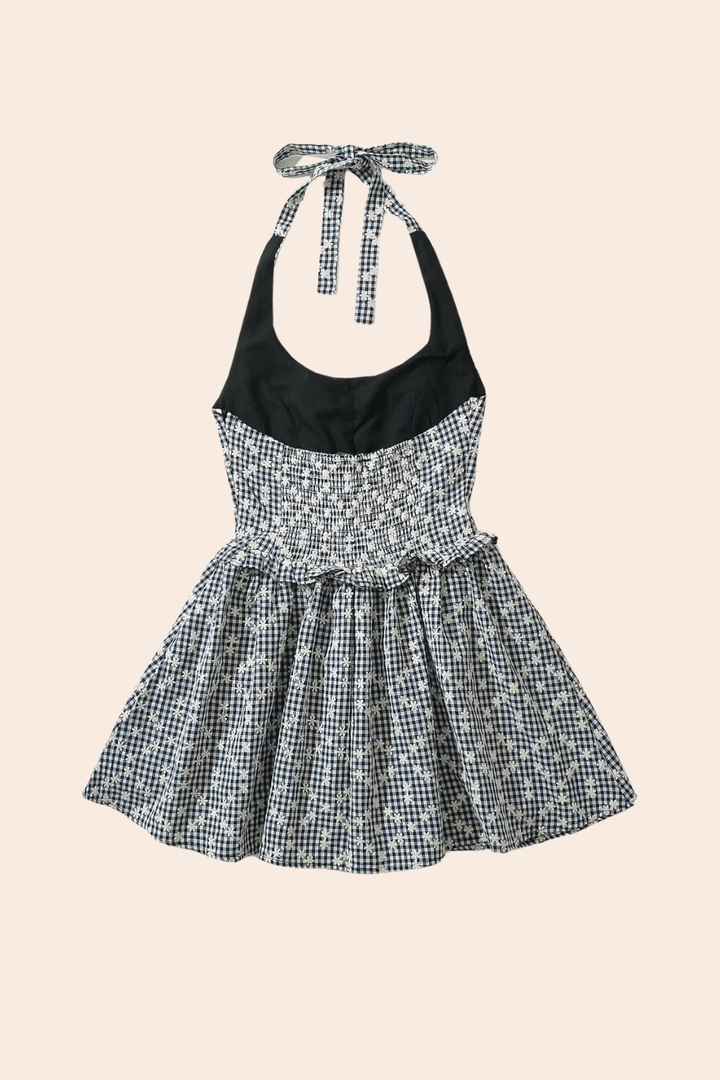 Pötikareli Boyundan Bağlamalı Mini Elbise